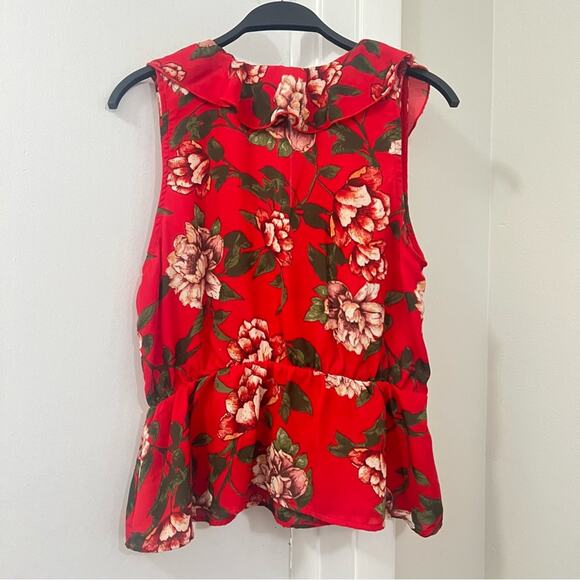 Heart & Hips Red Floral Print Ruffle Trim Sleeveless Wrap Blouse - Picture 5 of 8